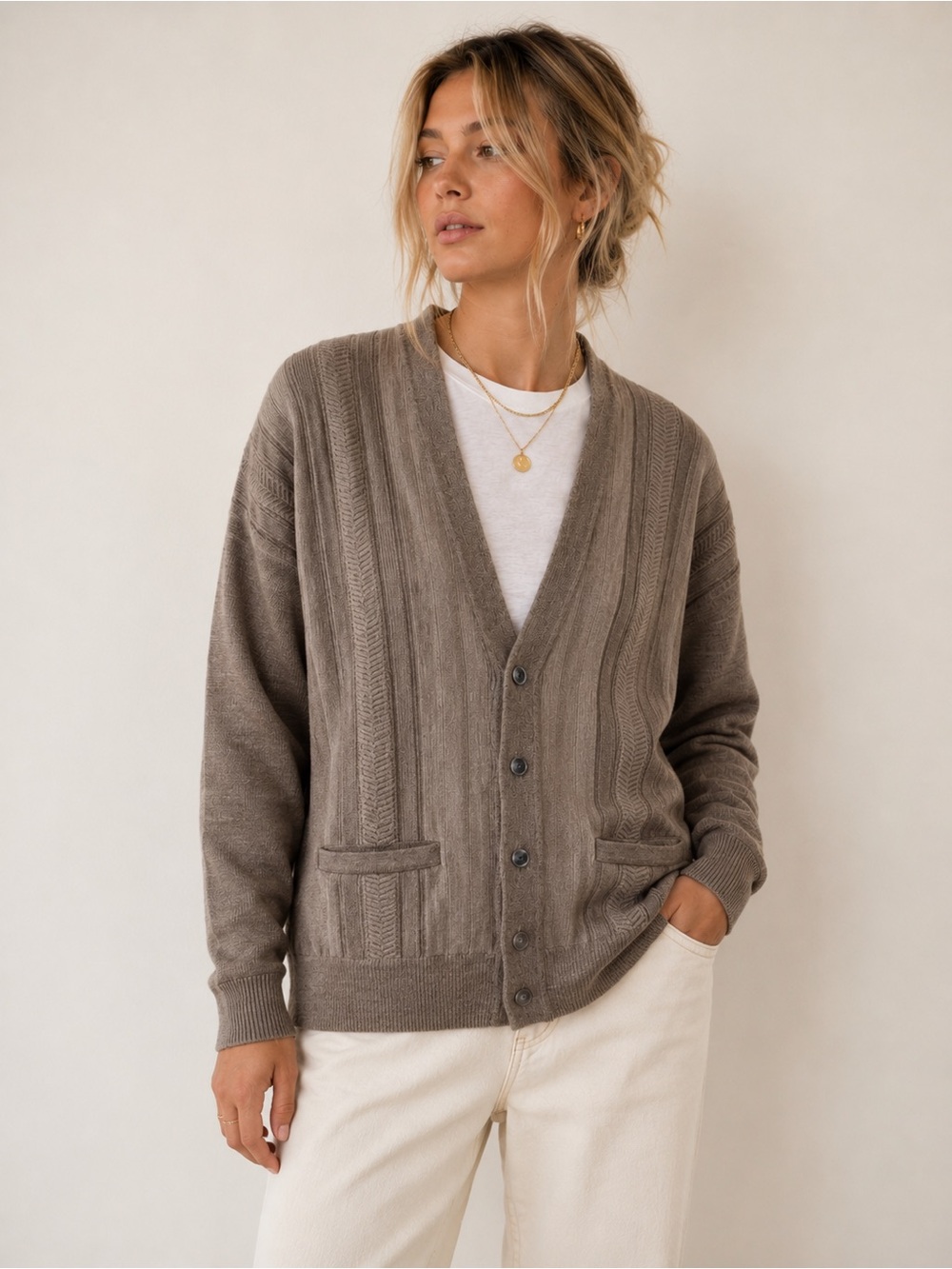 Vintage LINDBERGH CHIC Japan Wool Cardigan Brown Grandpa Knit Sweater M